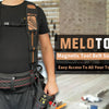 A person wearing a black shirt and dark pants is shown with a Melotough magnetic tool belt suspender system.