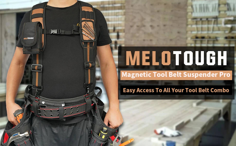 A person wearing a black shirt and dark pants is shown with a Melotough magnetic tool belt suspender system.