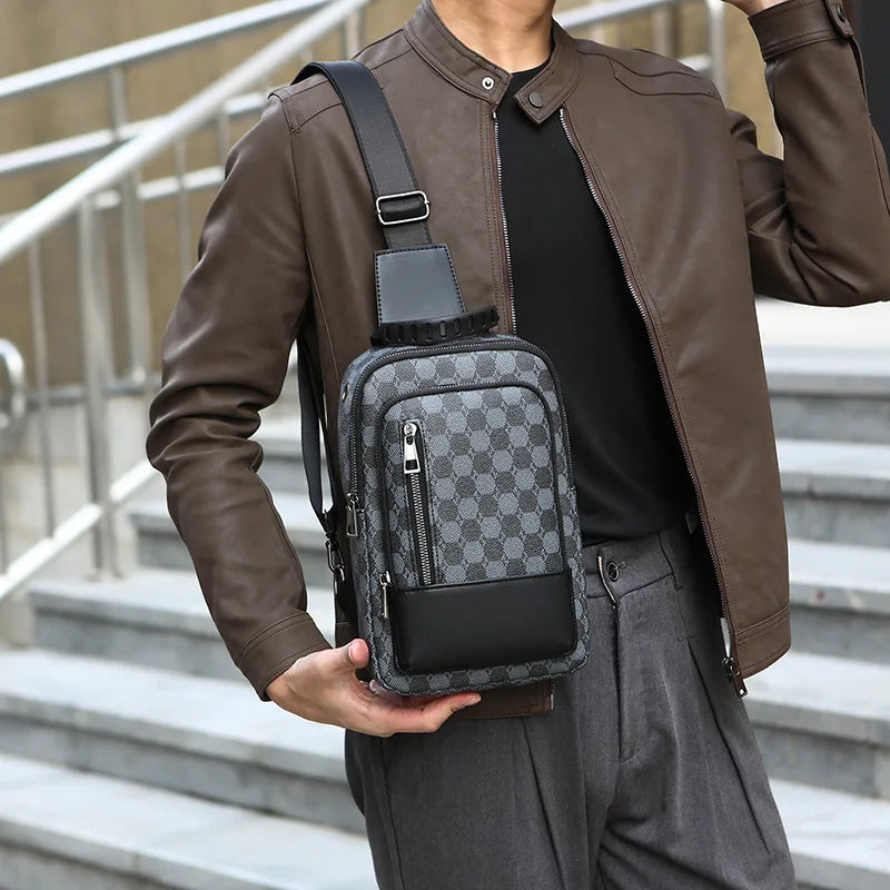 Men's Waterproof PU Leather Crossbody Bag with Geometric Pattern