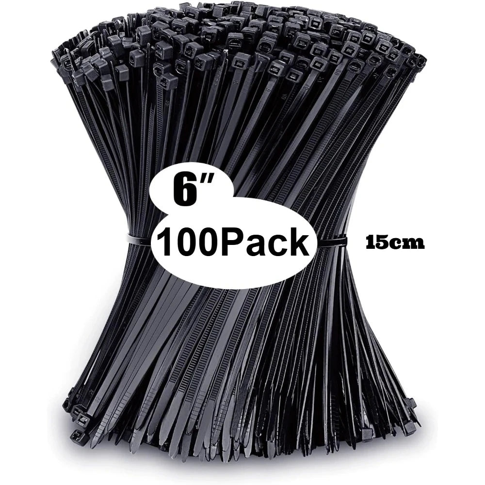A bulk pack of black nylon cable ties with 6-inch length for organizing and securing cables.