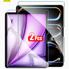 A transparent tempered glass screen protector for an iPad is shown in a 2-pack, featuring purple and iridescent accents.