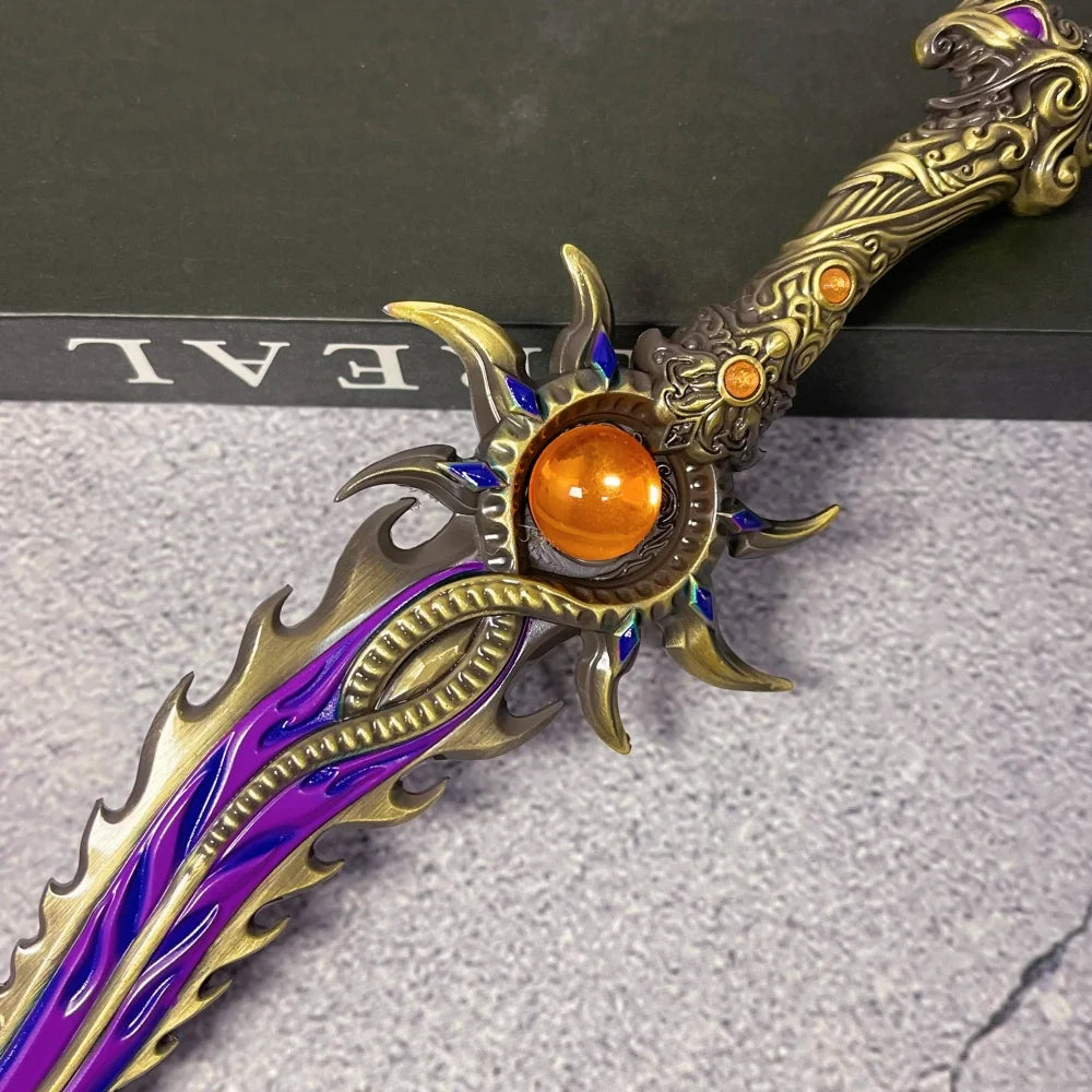 Full size collectible metal katana sword inspired by Naraka Bladepoint featuring purple and gold detailing