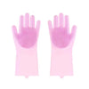 A pair of pink scrubber-textured dishwashing gloves shown against a white background.
