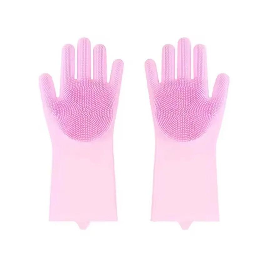 A pair of pink scrubber-textured dishwashing gloves shown against a white background.