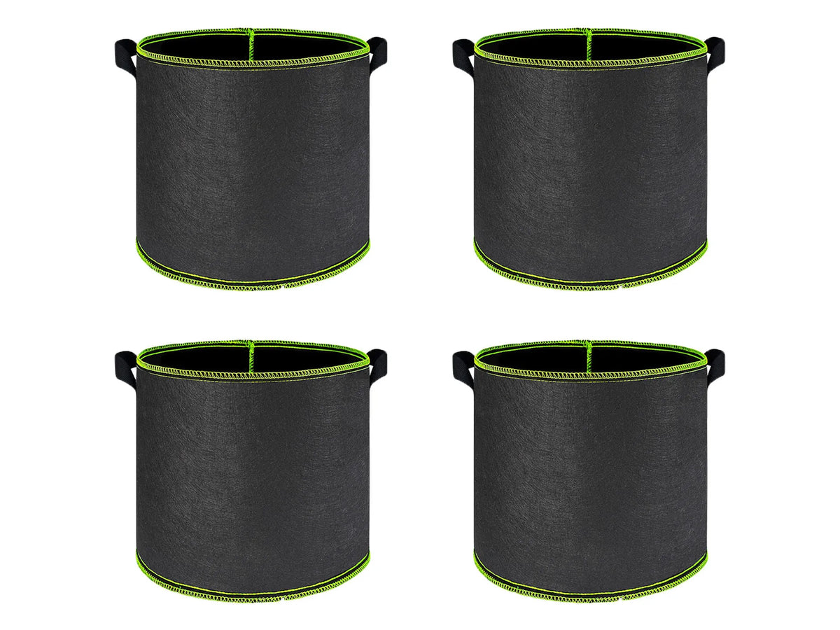 Four views of black heavy-duty non-woven fabric grow bags for plants