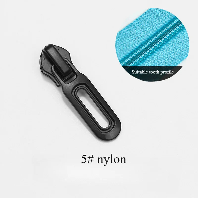 A black nylon zipper slider repair kit is shown next to a blue fabric swatch labeled suitable tooth profile.