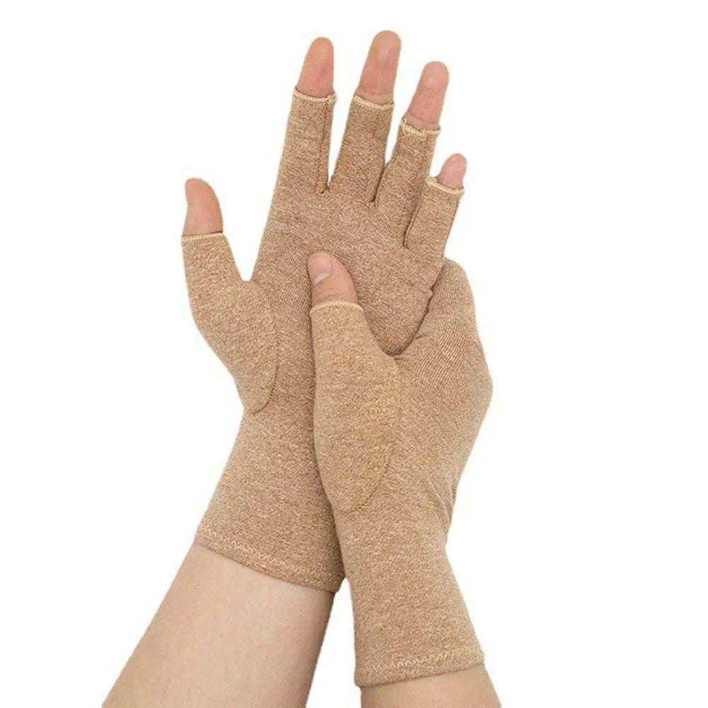 Tan compression arthritis gloves with wrist support shown on a hand.