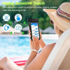 A woman is using a waterproof floating phone case with a detachable strap to take a selfie or video near water.
