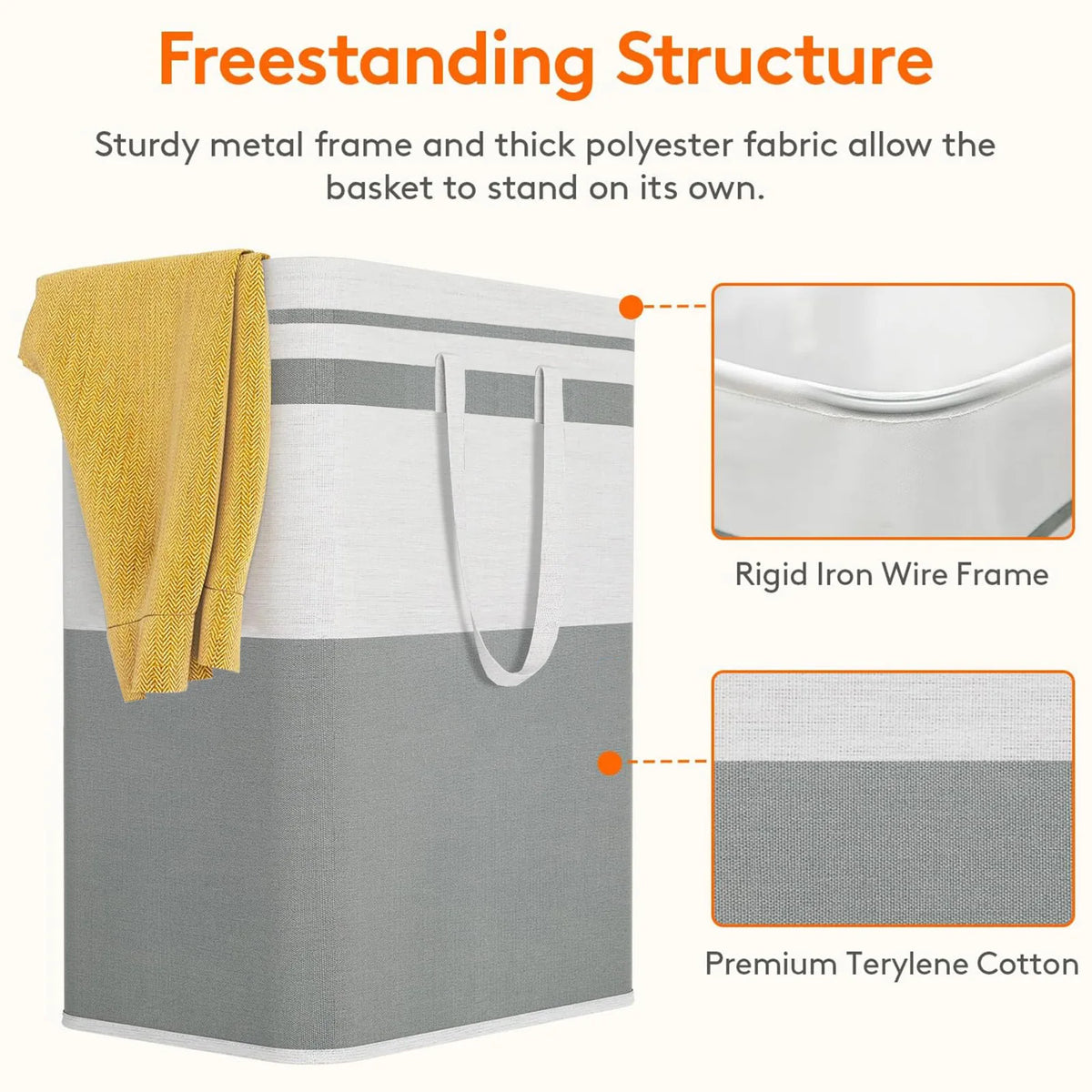 A large foldable canvas laundry basket shown standing on its own, featuring a sturdy metal frame and thick polyester fabric.