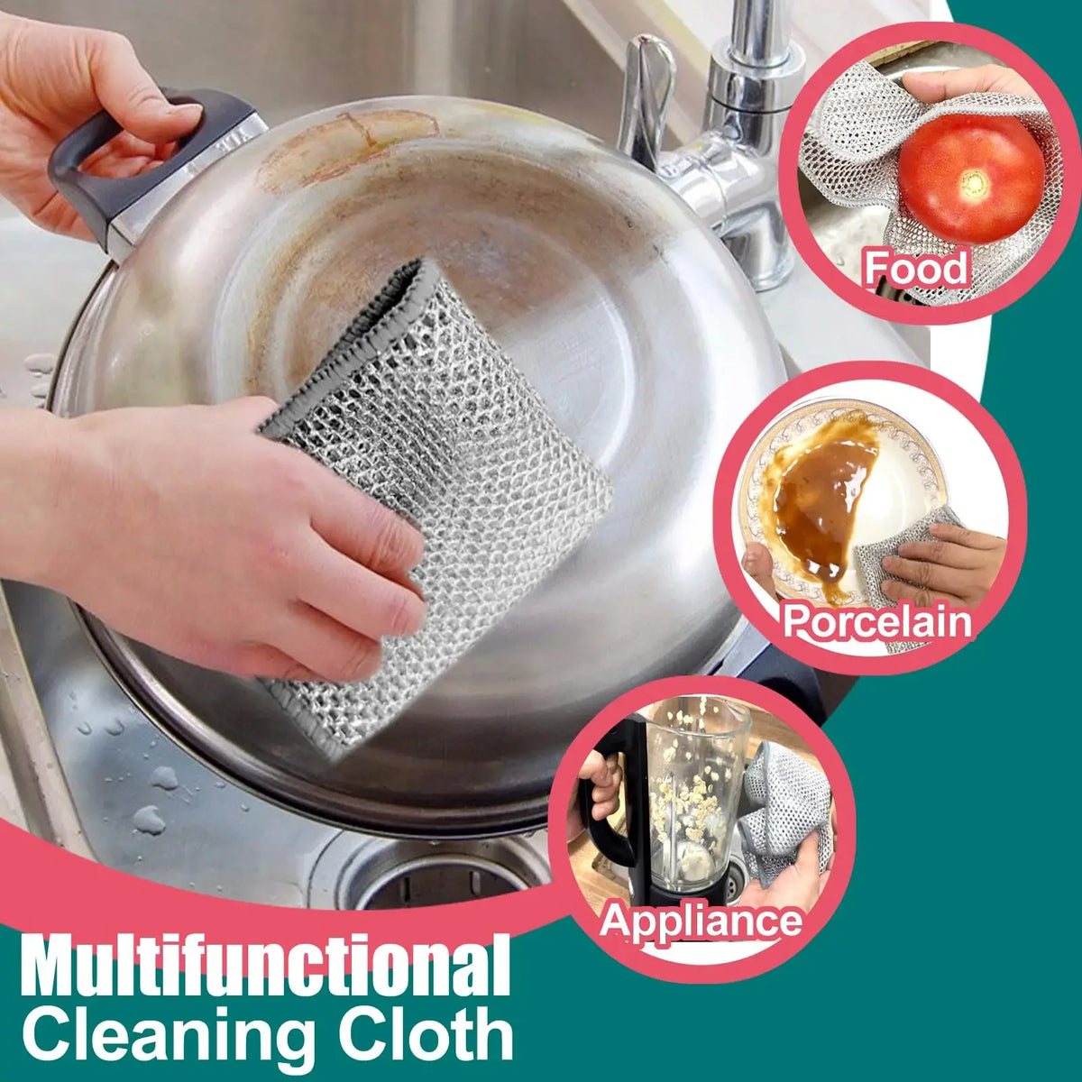 A hand is using a multifunctional cleaning cloth inside a stainless steel pot for kitchen cleaning.