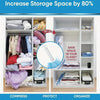 Storage organizer showing how vacuum compression bags increase storage space by 80% for clothes and bedding.