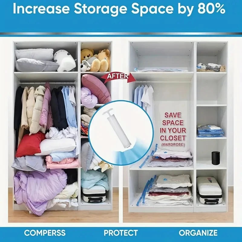 Storage organizer showing how vacuum compression bags increase storage space by 80% for clothes and bedding.