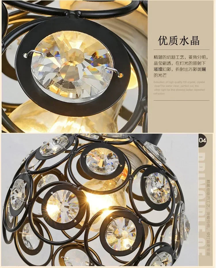 A close-up of a crystal single-head ceiling lamp with a black metal frame, showcasing the clear crystal design.