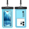 A light blue floating phone case with a black strap, showing the back of the case and a white phone inside.