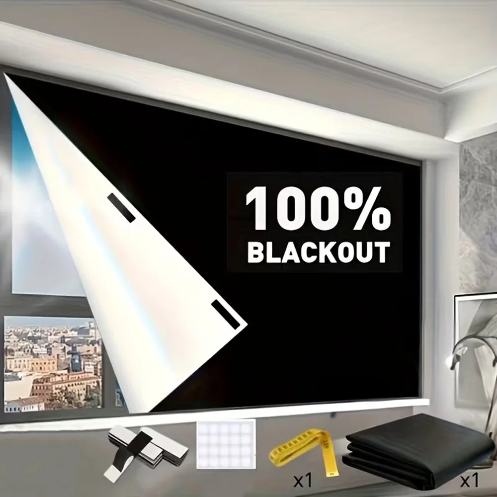 A large flat-screen TV displaying 100% blackout, with self-adhesive blackouts and accessories shown below.
