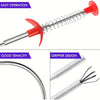 A red flexible drain snake tool with a metal shaft and serrated tip, shown for easy operation and tenacity.