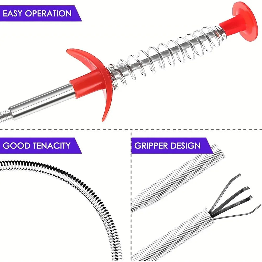 A red flexible drain snake tool with a metal shaft and serrated tip, shown for easy operation and tenacity.
