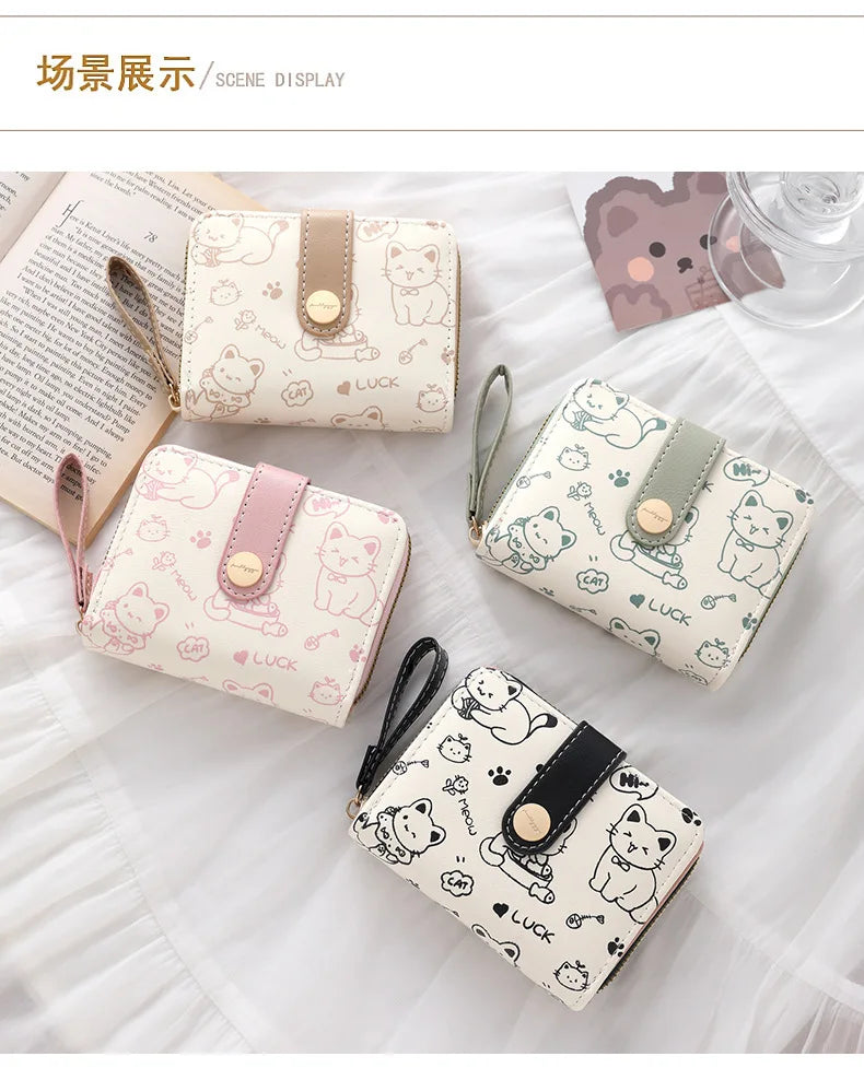 Cute Cat Face PU Leather Coin Purse with Wrist Strap