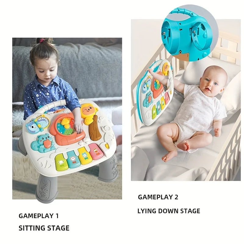 Interactive baby learning table featuring animal sounds and piano keys used for playtime.
