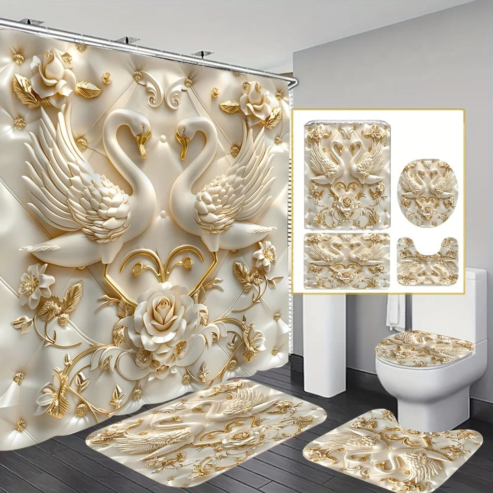 A luxury bathroom set featuring 3D white swans and roses as wall decor, along with matching floor mats.