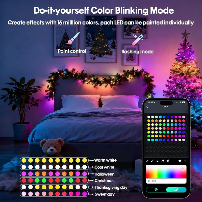 Smart RGB LED String Lights with App & Remote Control