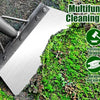 A silver multifunctional cleaning shovel is shown scraping moss and dirt from a rock surface.
