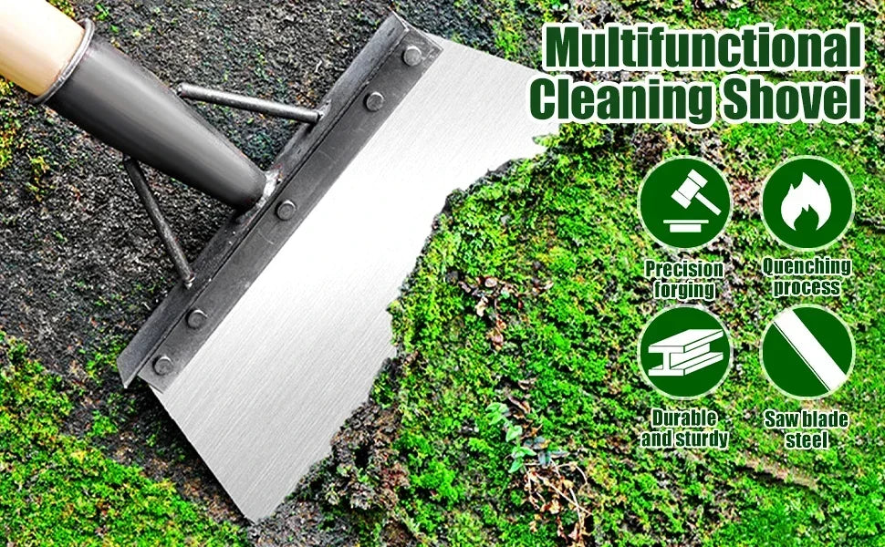 A silver multifunctional cleaning shovel is shown scraping moss and dirt from a rock surface.