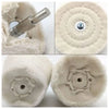 Close-up view of a cotton buffing and polishing wheel with a metal shank, showing the texture and mounting point.