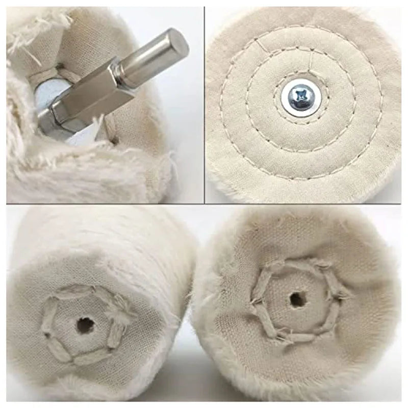 Close-up view of a cotton buffing and polishing wheel with a metal shank, showing the texture and mounting point.