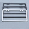 A set of two license plate frames, one black and one white, made of rustproof stainless steel.
