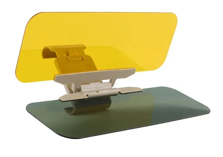 A yellow anti-glare car sun visor extender with a night shield mounted on a dark green base.