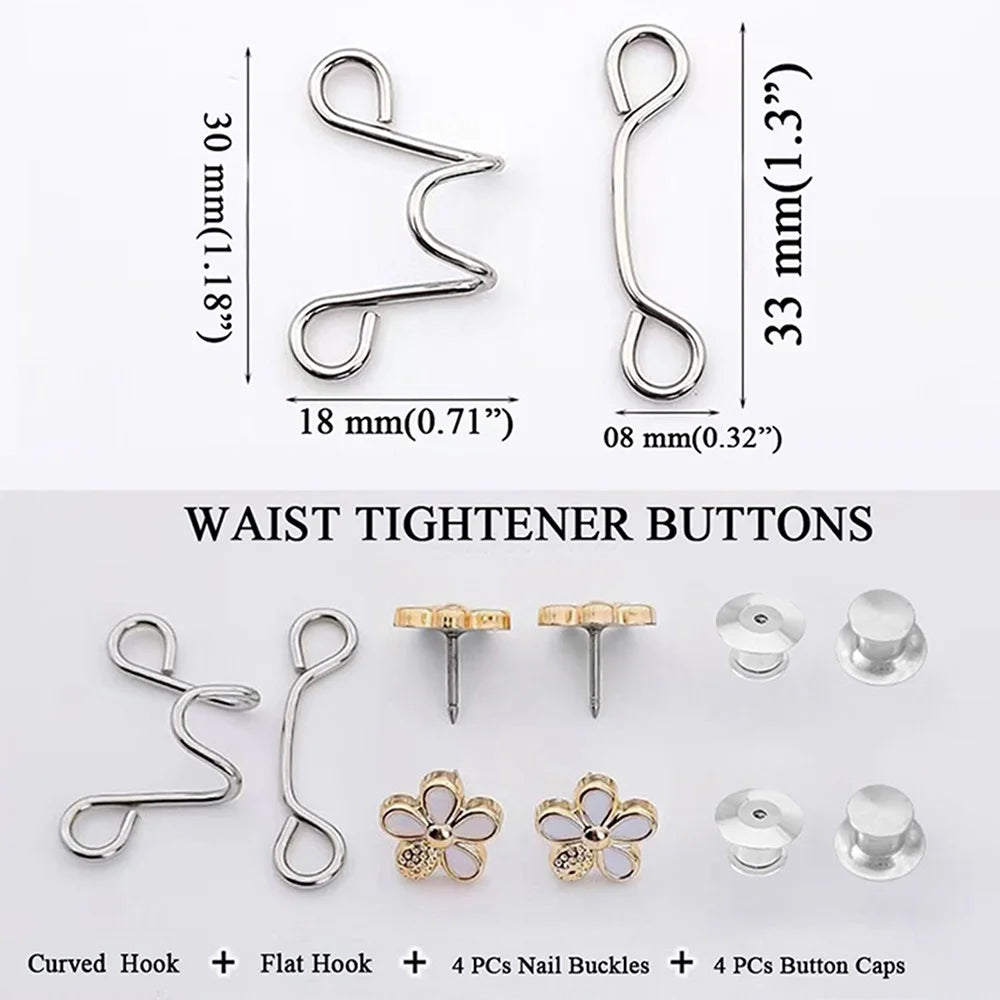 Set of waist tightener buttons including curved and flat hooks and nail buckles