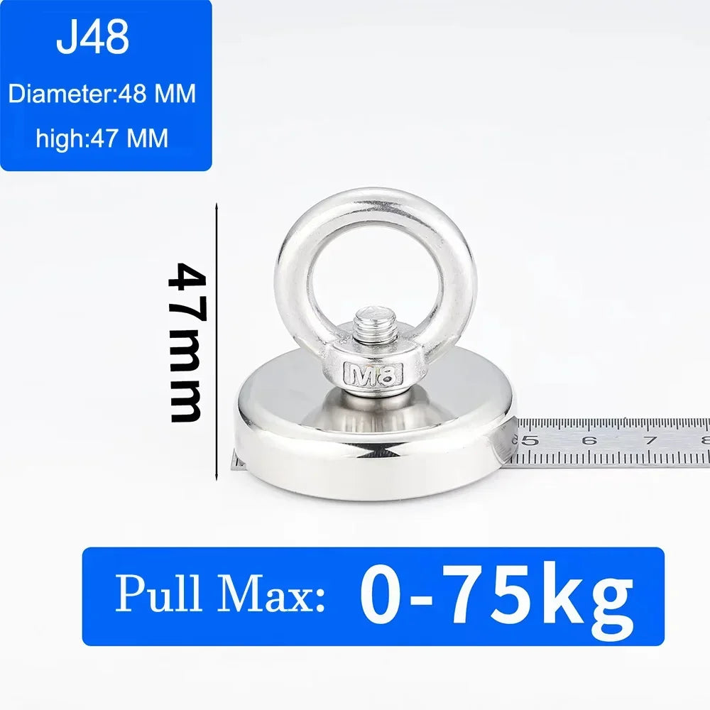 Silver fishing magnet with an eyebolt, measuring 48mm in diameter and 47mm high.