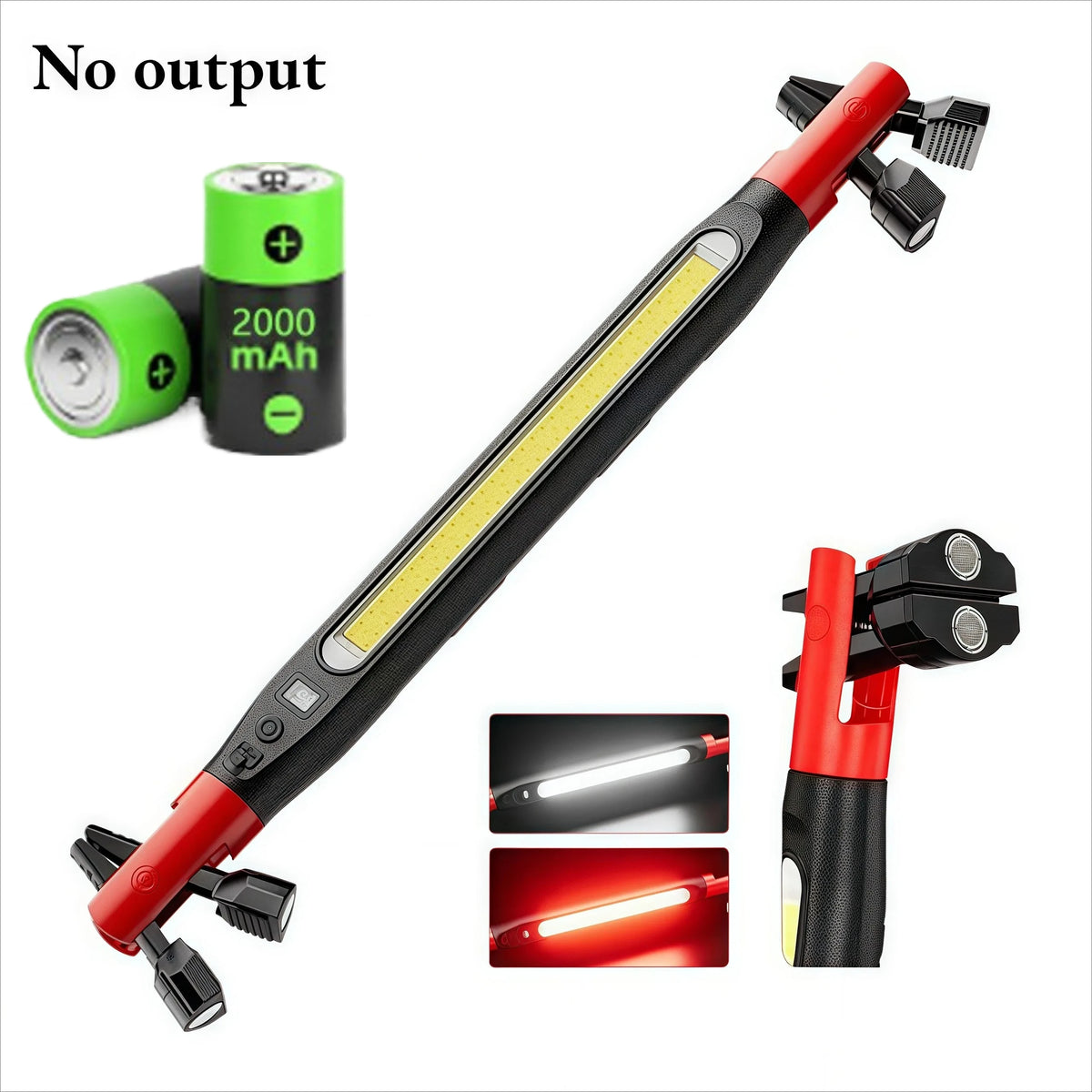 Magnetic rechargeable COB work light with hook and power bank shown in various configurations.