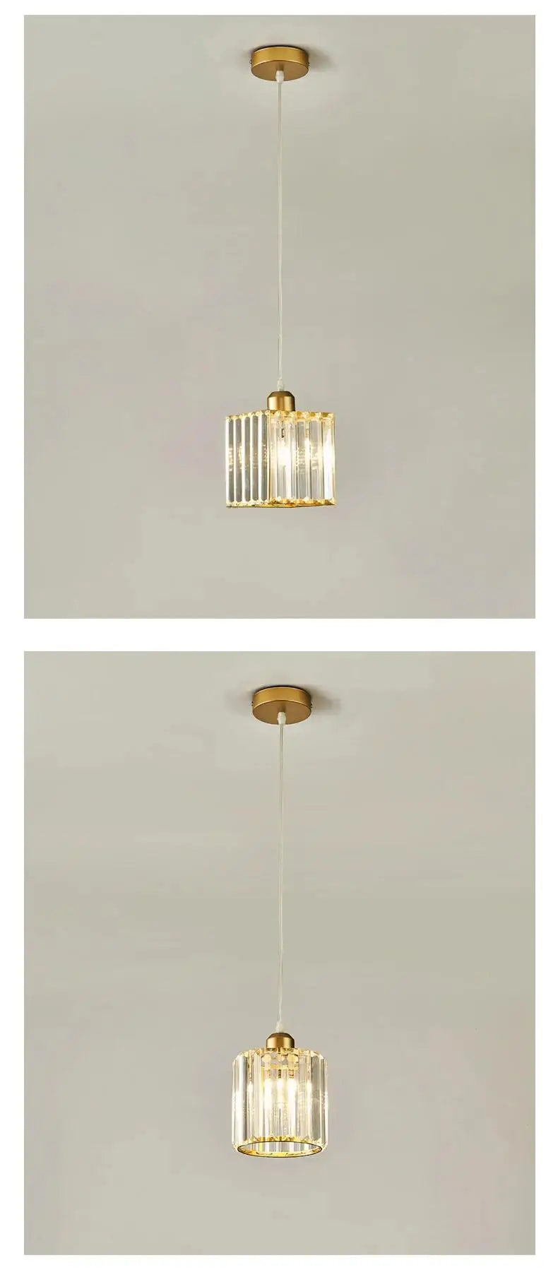 A modern crystal pendant light with an iron frame hanging from the ceiling.