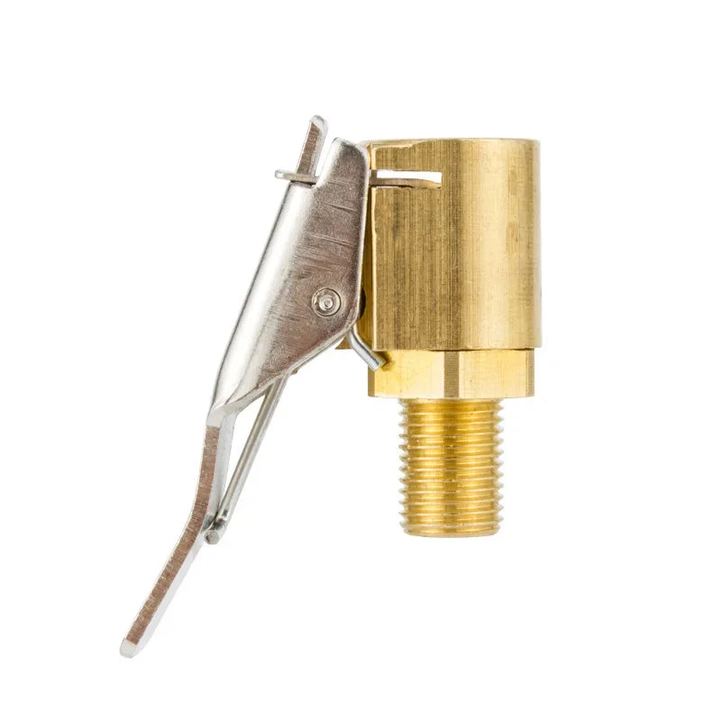 Brass tire inflator chuck with a quick-connect clip and threaded body.