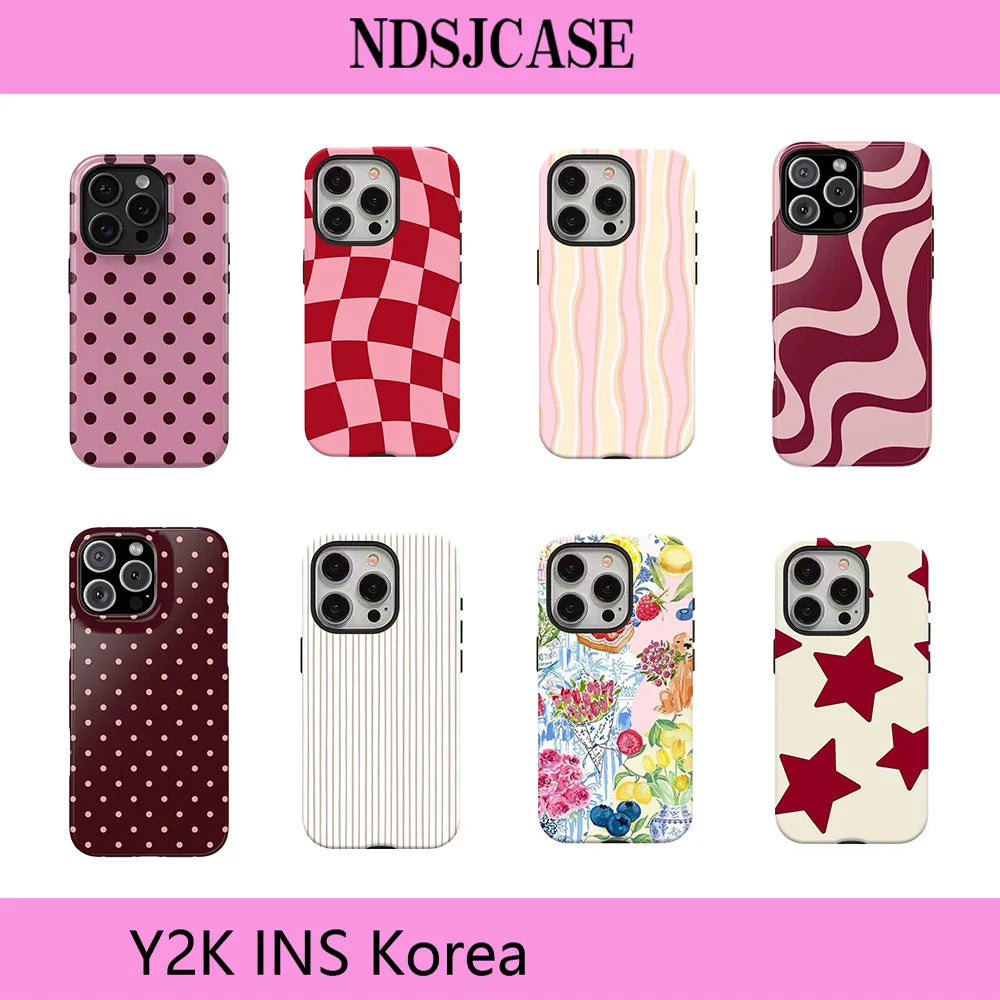 A collection of various pink and patterned phone cases for an iPhone, including polka dots, checkered designs, stripes, and f