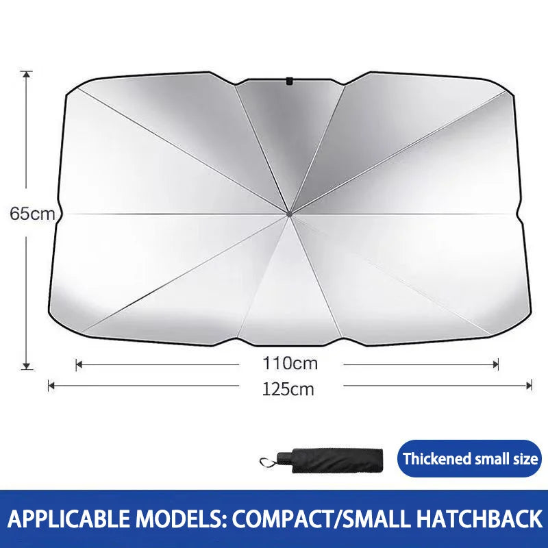 Silver car windshield sun shade umbrella for compact or small hatchback models