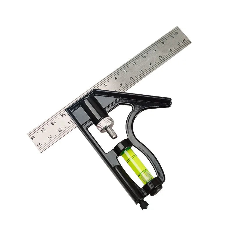 Adjustable combination square with spirit level in black and silver metal set