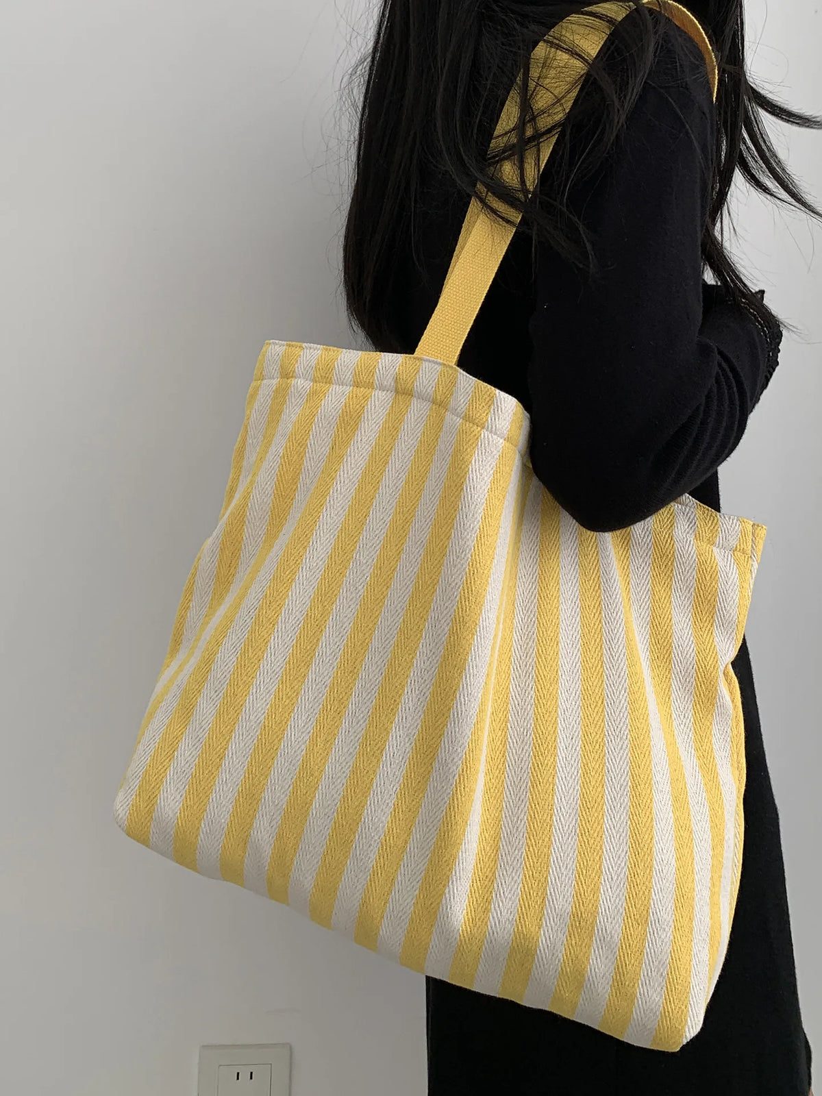 Striped Canvas Shoulder Tote Bag