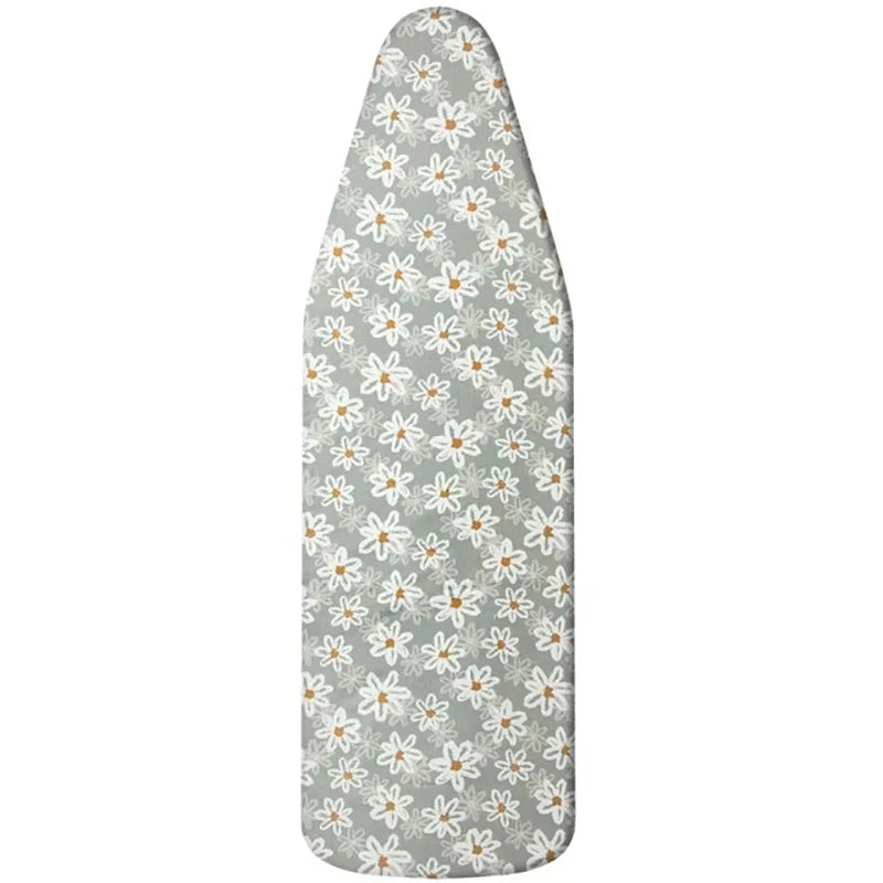 A long, oval ironing board cover patterned with small white and orange daisies on a light gray background.