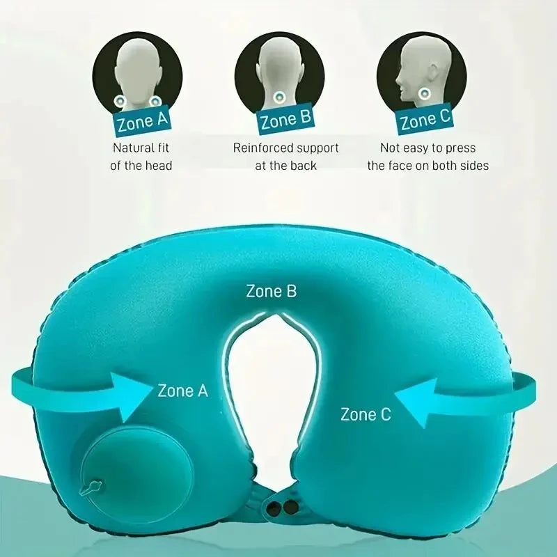 A teal inflatable U-shaped travel neck pillow showing three zones: Zone A, Zone B, and Zone C.