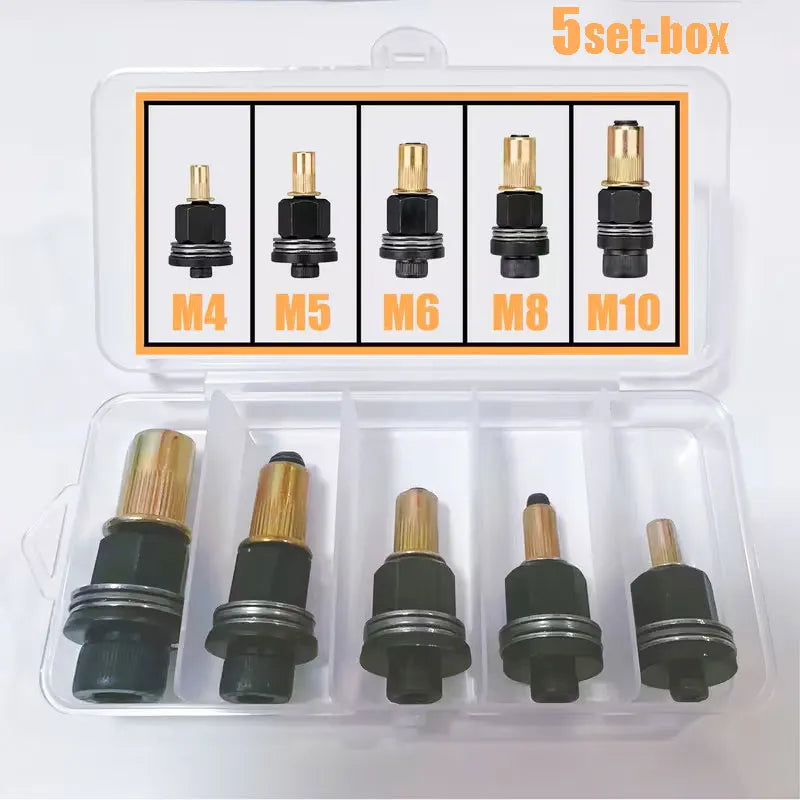 A 5-set box of manual rivet nut tools with interchangeable heads ranging from M4 to M10.