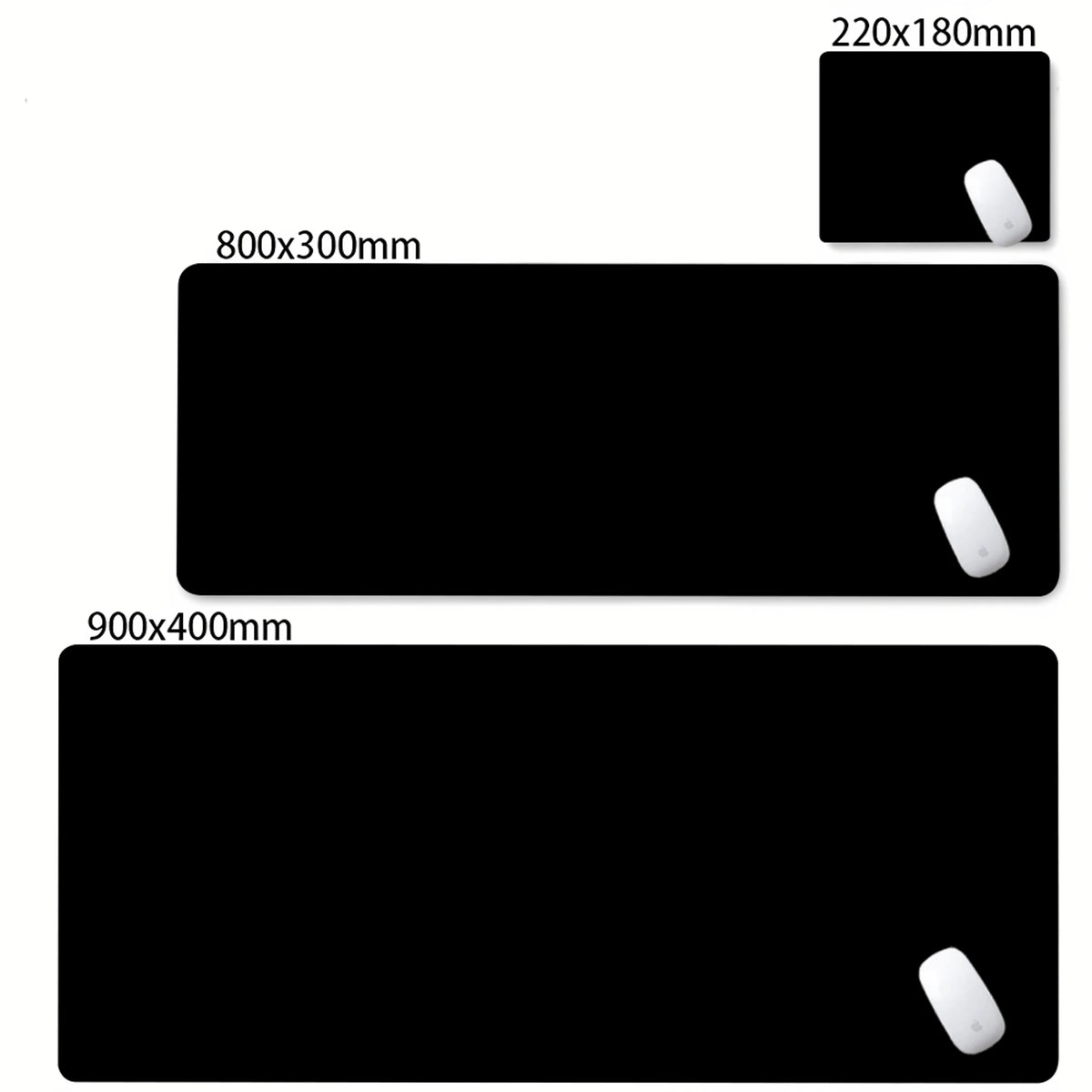 Black non-slip desk mat with white mouse feet shown in various sizes