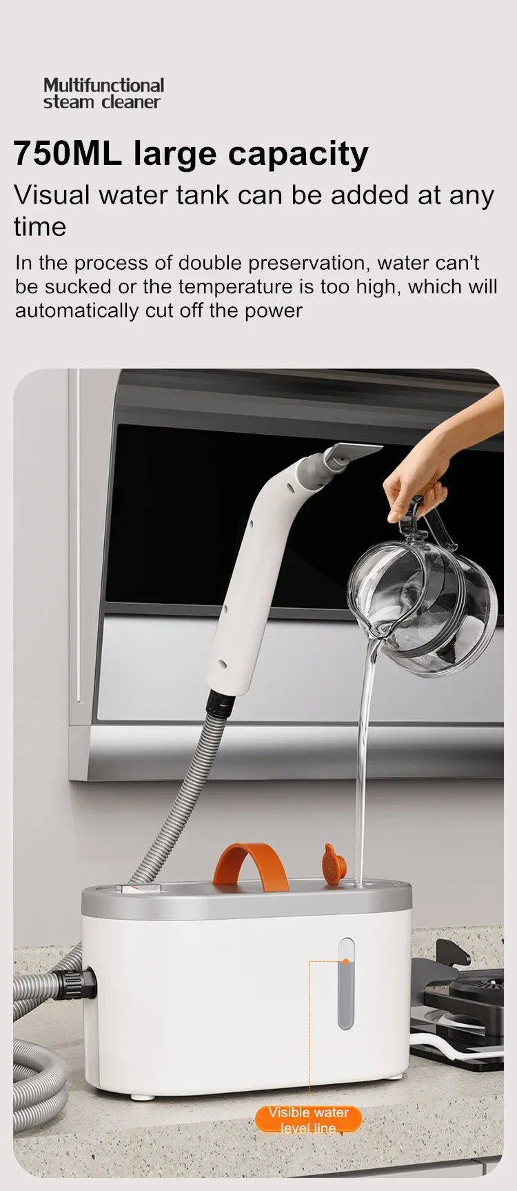 A white multifunctional steam cleaner is shown with a visible water level line, being used to clean inside an oven.