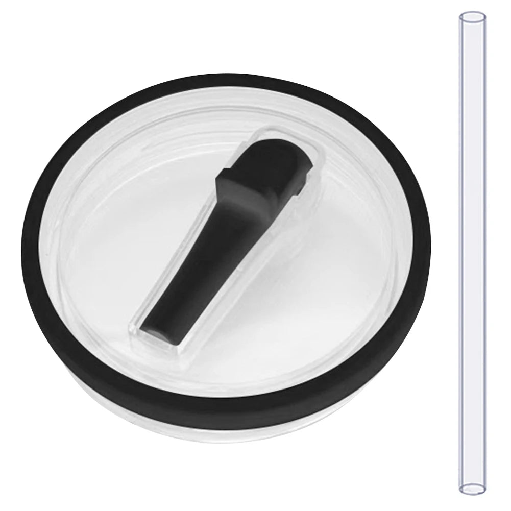 A clear plastic tumbler lid with a black flip straw inserted, shown next to a transparent tube.