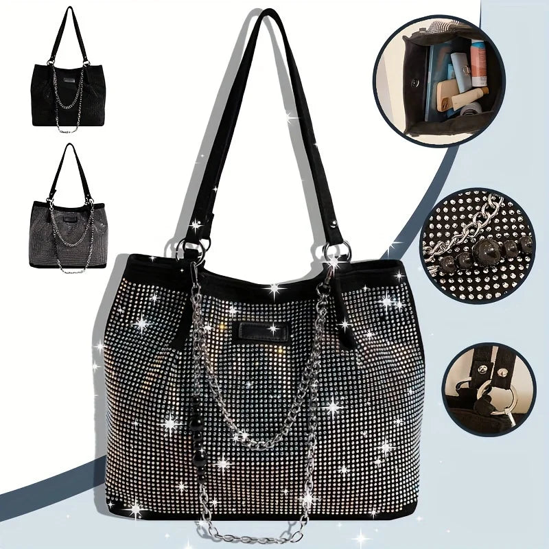 A black crystal-embellished chain shoulder bag shown with various accessories and details.