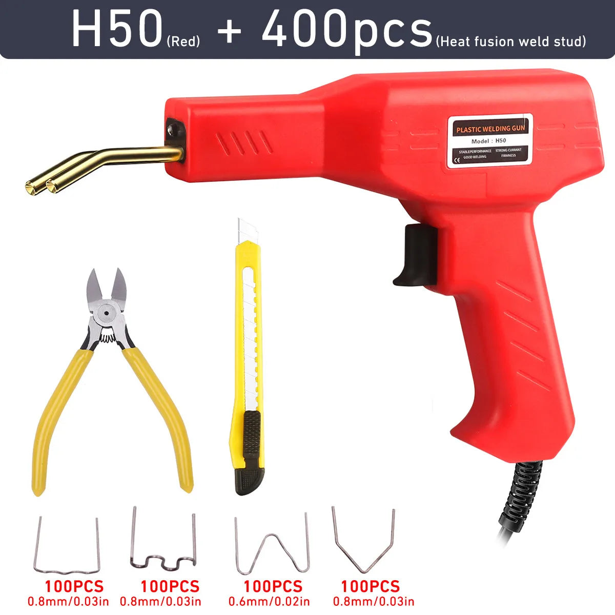 Red H50 heat fusion weld gun and plastic welding repair kit with various size staples