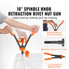 An orange and black spindle knob riveting rivet nut gun is shown being used to de-rivet a metal surface.