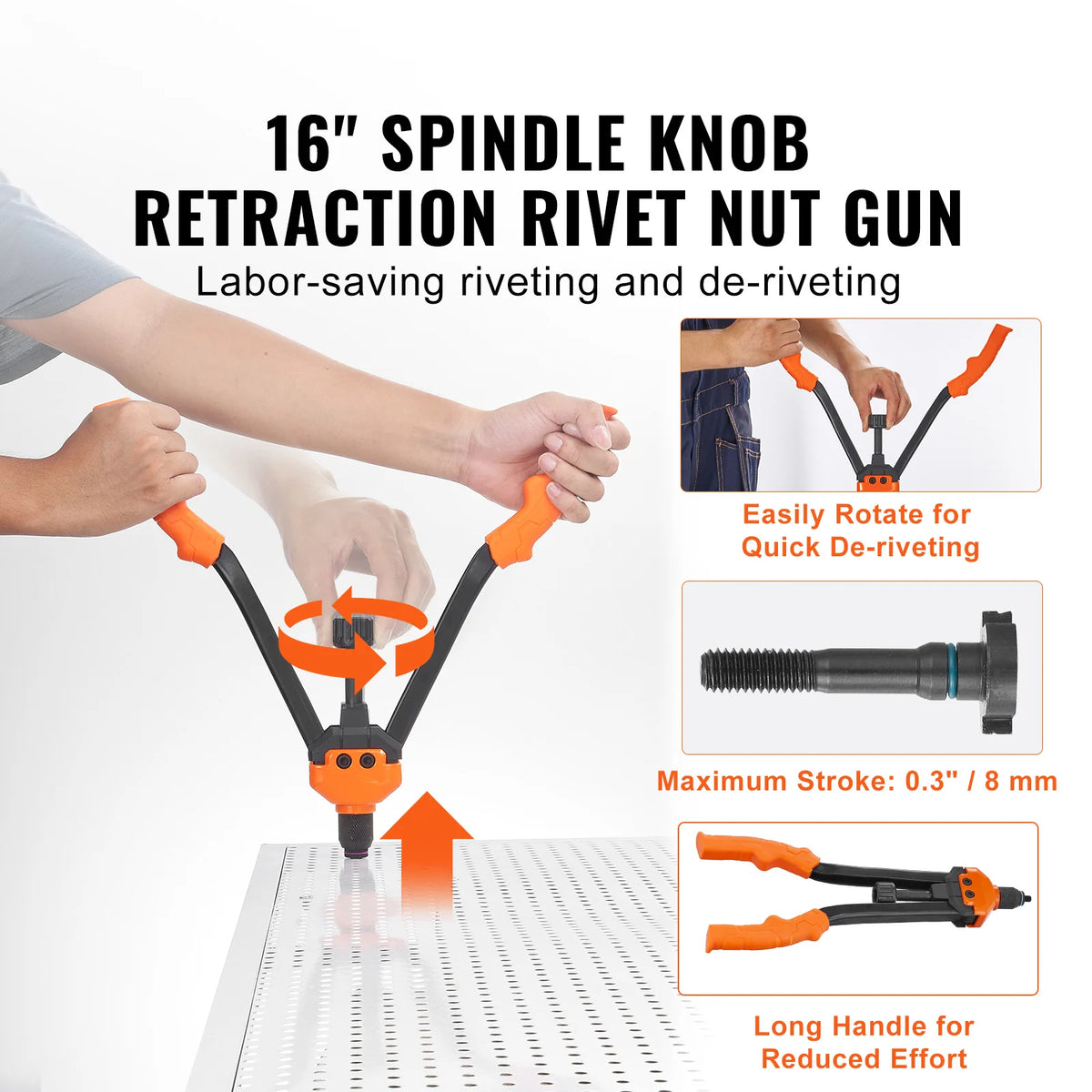 An orange and black spindle knob riveting rivet nut gun is shown being used to de-rivet a metal surface.